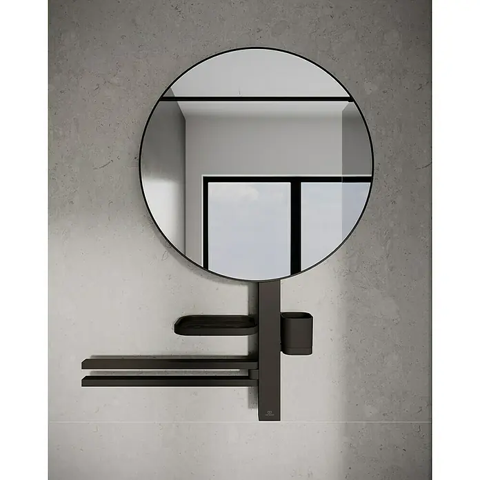 Ideal Standard Alu+ Ablagespiegel - B x H: 640 x 817 mm, Schwarz - Runder Spiegel mit integriertem dunkelgrauem Wandorganizer mit Ablagen und Becherhalter.