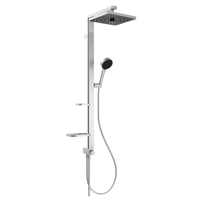 Ideal Standard Alu+ Duschsystem Ceratwist BE213 - Lochabstand: 60 cm, Form Kopfbrause: Eckig, Silber - Modernes Duschsystem aus Chrom mit quadratischem Regenduschkopf, Handbrause und integrierten Ablagen.