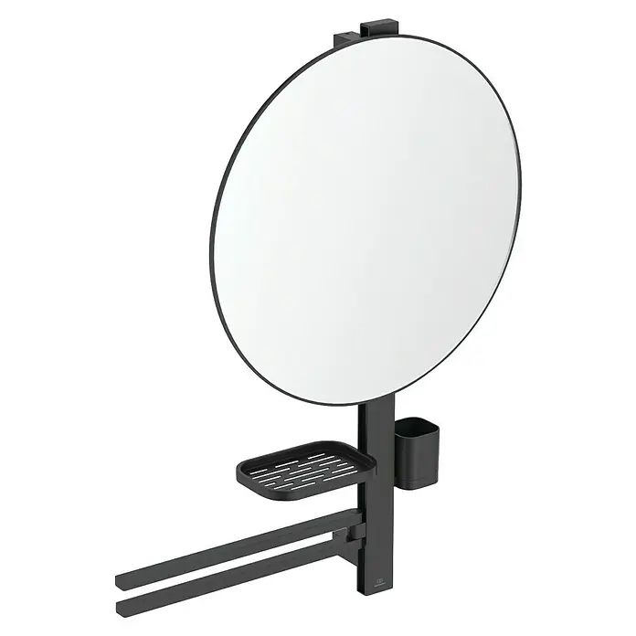 Ideal Standard Alu+ Ablagespiegel - B x H: 640 x 817 mm, Schwarz - Schwarzer runder Spiegel mit integrierter Ablage, Halterung und zwei Handtuchstangen.