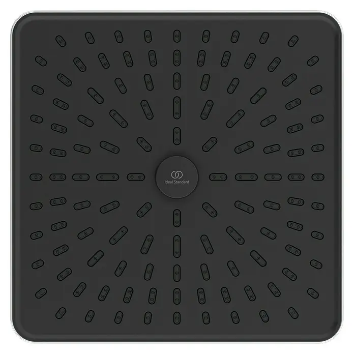 Ideal Standard Alu+ Kopfbrause Idealrain - B x L: 260 x 260 mm, 12 l/min, Silber - Schwarze quadratische Duschkopf mit radial angeordneten Düsen und Ideal Standard Logo.
