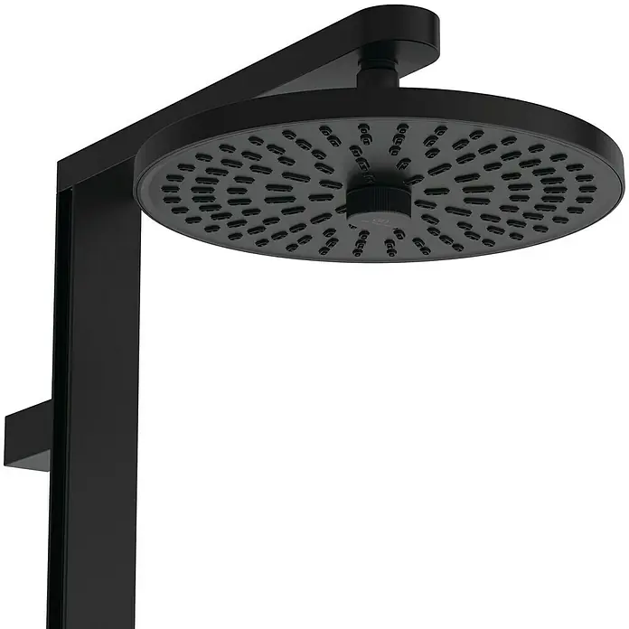 Ideal Standard Alu+ Duschsystem Ceratherm - Form Kopfbrause: Rund, Lochabstand: 600 mm, Anzahl Strahlarten: 2 Stk., Schwarz - Runde, schwarze Duschbrause mit Montagearm.