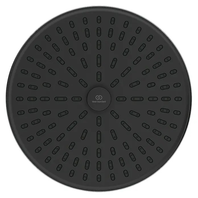 Ideal Standard Alu+ Kopfbrause Idealrain - Durchmesser: 26 cm, 8 l/min, Chrom, Rund - Runder, schwarzer Duschkopf mit mehreren Sprühdüsen und "Ideal Standard" Logo.
