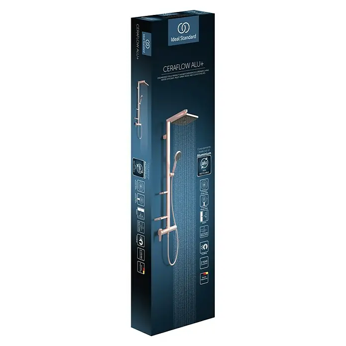 Ideal Standard Alu+ Duschsystem Ceraflow BE204RO - Lochabstand: 60 cm, Anzahl Strahlarten: 2 Stk., Rose, Form Kopfbrause: Eckig - Ideal Standard CERAFLOW ALU+ Roségold-Duschsystem auf Verpackung, mit Kopf-/Handbrausen und Ablagen.