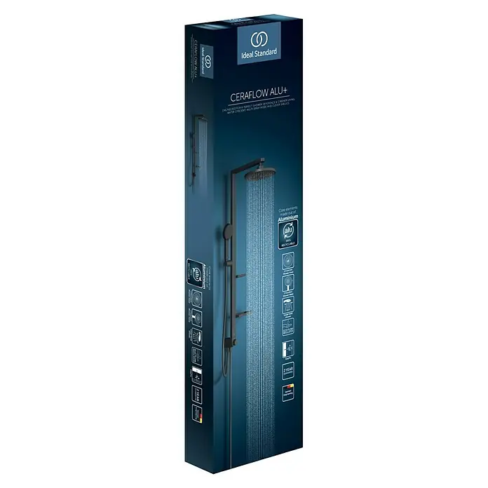 Ideal Standard Alu+ Duschsystem BD585 - Lochabstand: 600 mm, Form Kopfbrause: Rund, Schwarz - Ideal Standard CERAFLOW ALU+ dunkelgraue Aluminium-Brausesystem-Verpackung, zeigt Kopf- und Handbrause mit fließendem Wasser.