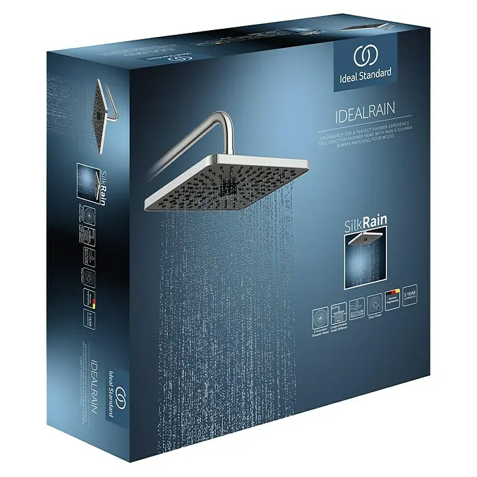 Ideal Standard Alu+ Kopfbrause Idealrain - B x L: 260 x 260 mm, 12 l/min, Chrom - Chromfarbener, quadratischer Duschkopf auf Ideal Standard 'IDEALRAIN SilkRain' Produktverpackung, mit Wasserstrahl.