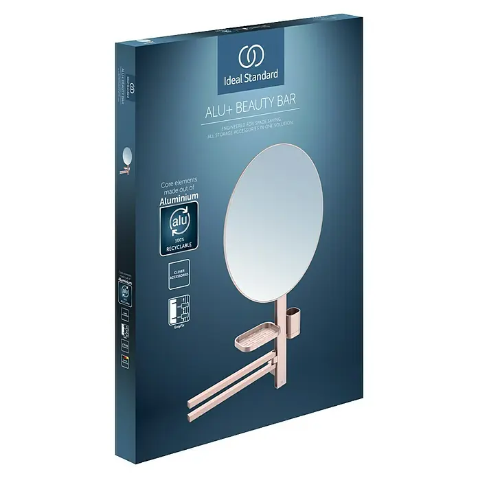 Ideal Standard Alu+ Ablagespiegel - B x H: 640 x 817 mm, Rosé - Ideal Standard ALU+ Beauty Bar Verpackung, zeigt den roségoldenen Aluminium-Spiegel, Ablage und Handtuchhalter.