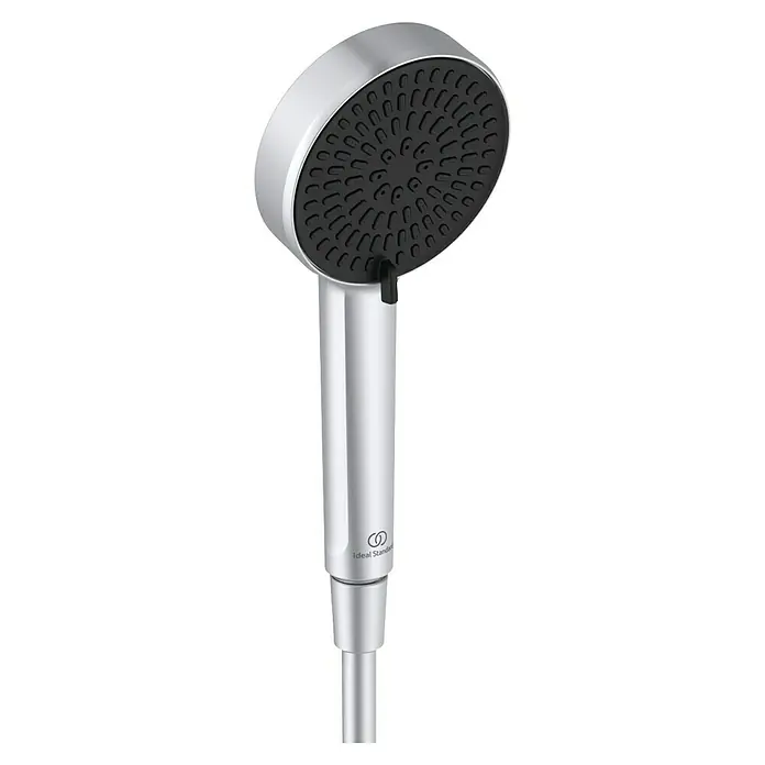 Ideal Standard Alu+ Brausegarnitur Ceratherm - Lochabstand: 40 cm - 50 cm, Art Strahl: SilkRain, Rain, Silber - Silberne Handbrause mit schwarzer Düsenplatte und mehreren Strahlarten. Mit Wähltaste und 'Ideal Standard' Logo.