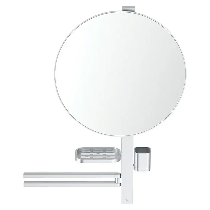 Ideal Standard Alu+ Ablagespiegel - B x H: 640 x 817 mm, Silber - Runder silberner Spiegel mit integrierter Seifenschale, Becherhalter und zwei Handtuchstangen.