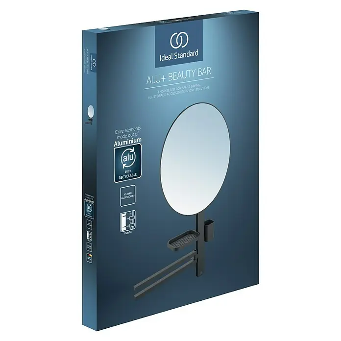 Ideal Standard Alu+ Ablagespiegel - B x H: 640 x 817 mm, Schwarz - Dunkelgraue Aluminium-Wand-Schönheitsleiste mit rundem Spiegel, Ablagen und Aufbewahrungsbechern.