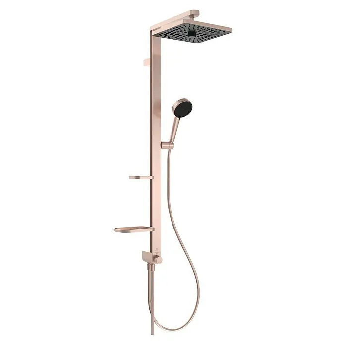 Ideal Standard Alu+ Duschsystem Ceratwist BE213 - Lochabstand: 60 cm, Form Kopfbrause: Eckig, Rosé - Duschsystem in gebürsteter Roségold-Optik mit quadratischem Regenbrausekopf, Handbrause und zwei Ablagen.