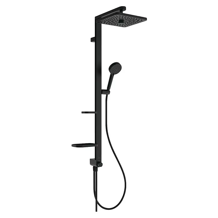 Ideal Standard Alu+ Duschsystem Ceratwist BE213 - Lochabstand: 60 cm, Form Kopfbrause: Eckig, Schwarz - Mattschwarzes Duschsystem mit quadratischem Regenkopf, Handbrause und integrierten Ablagen.