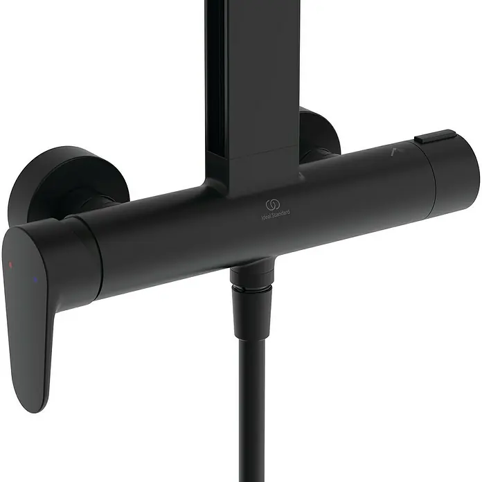 Ideal Standard Alu+ Duschsystem Ceraflow BE204XG - Lochabstand: 60 cm, Anzahl Strahlarten: 2 Stk., Schwarz, Form Kopfbrause: Eckig - Mattschwarze Thermostat-Duscharmatur mit Duschsäulenanschluss, Griff und Schlauchauslass.