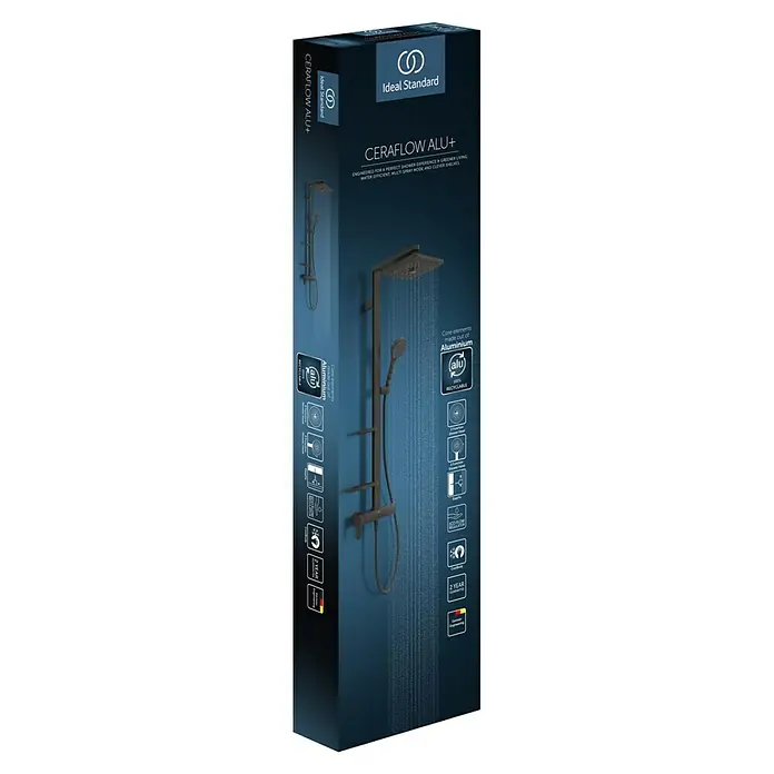 Ideal Standard Alu+ Duschsystem Ceraflow BE204XG - Lochabstand: 60 cm, Anzahl Strahlarten: 2 Stk., Schwarz, Form Kopfbrause: Eckig - Ideal Standard CERAFLOW ALU+ Duschsystem in dunkelgrau in Verpackung, mit Aluminiumkern-Elementen.