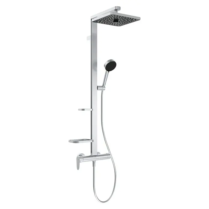 Ideal Standard Alu+ Duschsystem Ceraflow BE204SI - Lochabstand: 60 cm, Anzahl Strahlarten: 2 Stk., Silber, Form Kopfbrause: Eckig - Modernes silberfarbenes Duschsystem mit quadratischem Regenduschkopf, Handbrause, Thermostatmischer und Seifenschale.