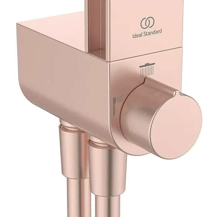 Ideal Standard Alu+ Duschsystem BD585 - Lochabstand: 600 mm, Form Kopfbrause: Rund, Rosé - Roségoldener Ideal Standard Brausemischer mit Bedienelementen für Kopf- und Handbrause.