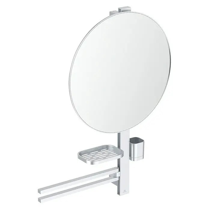 Ideal Standard Alu+ Ablagespiegel - B x H: 640 x 817 mm, Silber - Weißer runder Spiegel mit silbernem Rahmen, vertikaler Haltestange, integrierter Seifenschale, Becher und doppeltem Handtuchhalter.