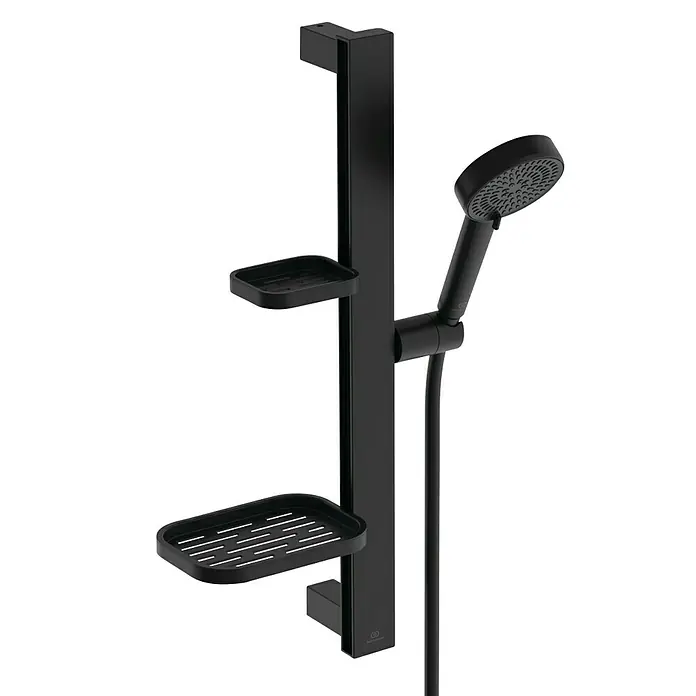 Ideal Standard Alu+ Brausegarnitur Idealrain - Lochabstand: 40 cm - 50 cm, Art Strahl: SilkRain, Rain, Schwarz - Mattschwarze Duschstange mit zwei Ablageschalen und einer Handbrause.