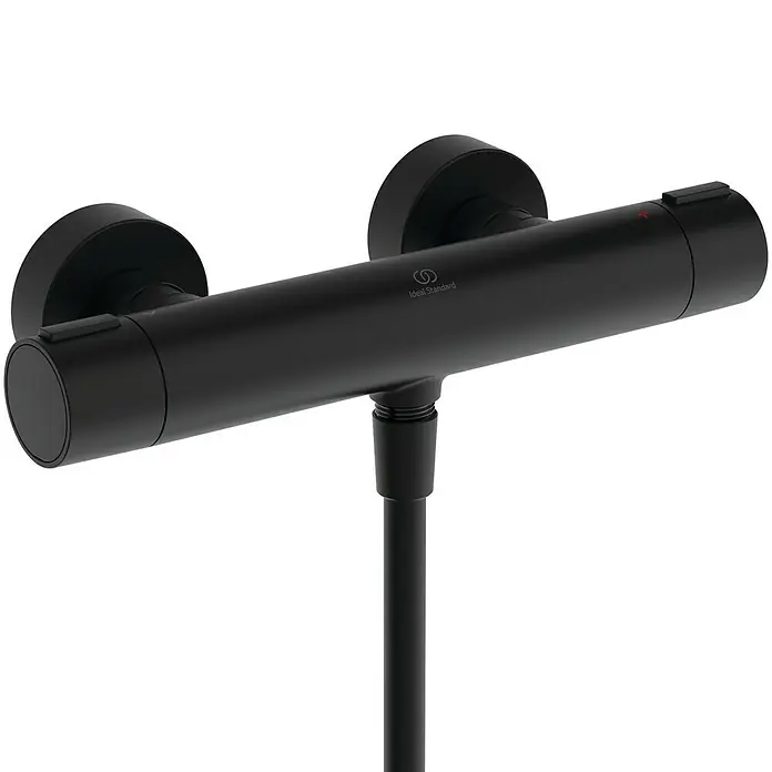 Ideal Standard Alu+ Brausegarnitur Ceratherm - Lochabstand: 40 cm - 50 cm, Art Strahl: SilkRain, Rain, Schwarz - Schwarze Wand-Thermostat-Duscharmatur mit Schlauchanschluss.