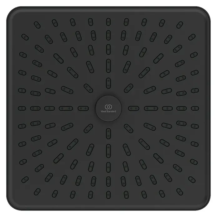 Ideal Standard Alu+ Kopfbrause Idealrain - B x L: 260 x 260 mm, 12 l/min, Schwarz - Schwarzer quadratischer Duschkopf mit abgerundeten Ecken und einem radialen Düsenmuster, mit Ideal Standard Logo in der Mitte.
