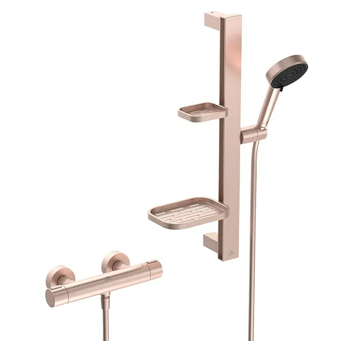 Ideal Standard Alu+ Brausegarnitur Ceratherm - Lochabstand: 40 cm - 50 cm, Art Strahl: SilkRain, Rain, Rosé - Roségoldenes Duschsystem mit Handbrause, Gleitstange mit Ablagen und Thermostatmischer.