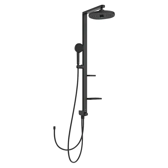 Ideal Standard Alu+ Duschsystem BD585 - Lochabstand: 600 mm, Form Kopfbrause: Rund, Schwarz - Schwarzes Duschsystem mit großer runder Regendusche, Handbrause und integrierten Ablagen.