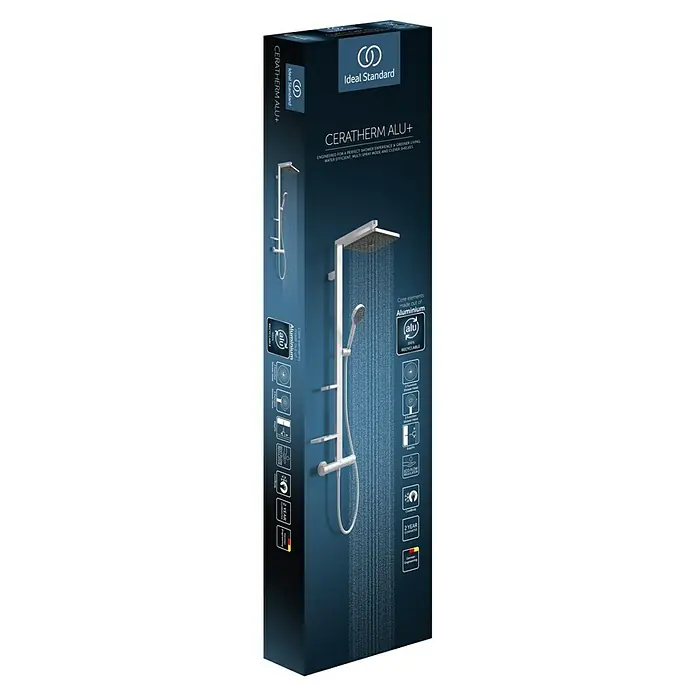 Ideal Standard Alu+ Duschsystem Ceratherm - Anzahl Strahlarten: 2 Stk., Silber - Ideal Standard CERATHERM ALU+ Duschsystem auf Produktverpackung, hebt Aluminiumkernelemente und Öko-Merkmale hervor.