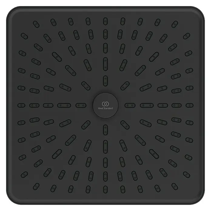 Ideal Standard Alu+ Kopfbrause Idealrain - B x L: 260 x 260 mm, 8 l/min, Schwarz - Dunkelgrauer, quadratischer Duschkopf mit genoppter Düsenstruktur und zentralem „Ideal Standard“ Logo.