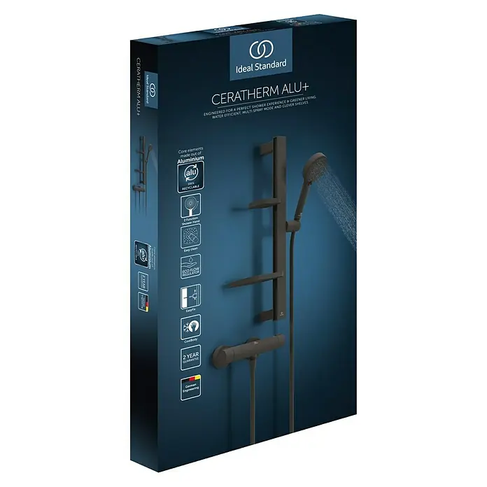 Ideal Standard Alu+ Brausegarnitur Ceratherm - Lochabstand: 40 cm - 50 cm, Art Strahl: SilkRain, Rain, Schwarz - Ideal Standard Ceratherm ALU+ Duschsystem in Dunkelgrau mit Ablagen auf der Produktverpackung, hebt Aluminiumkern hervor.