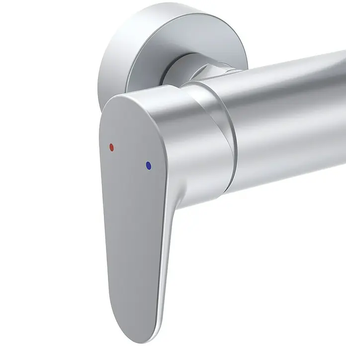 Ideal Standard Alu+ Duschsystem Ceraflow BE204SI - Lochabstand: 60 cm, Anzahl Strahlarten: 2 Stk., Silber, Form Kopfbrause: Eckig - Silberner Einhebel-Brausemischer mit roten und blauen Temperaturanzeigen am Griff.