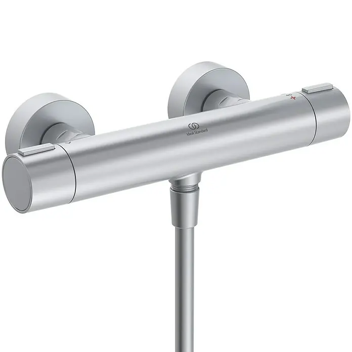 Ideal Standard Alu+ Brausegarnitur Ceratherm - Lochabstand: 40 cm - 50 cm, Art Strahl: SilkRain, Rain, Silber - Wandmontierter silberner Thermostat-Brausemischer mit Temperatur- und Durchflussreglern und Brauseschlauchanschluss.