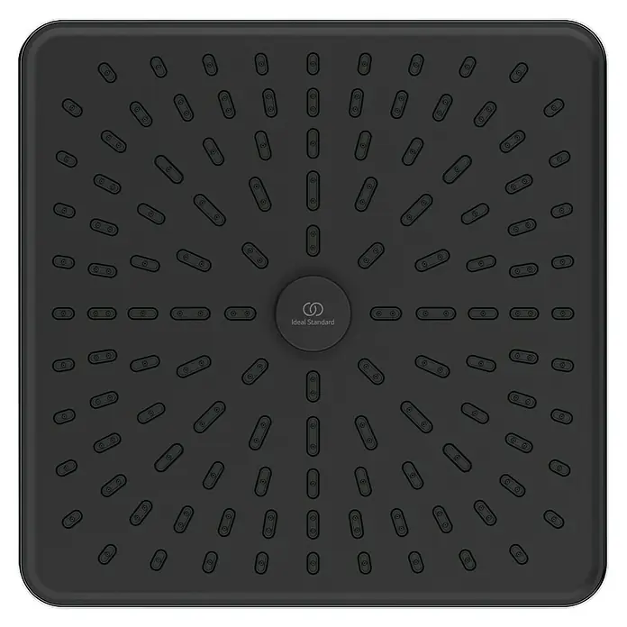 Ideal Standard Alu+ Kopfbrause Idealrain - B x L: 260 x 260 mm, 8 l/min, Chrom - Dunkelgrauer quadratischer Duschkopf mit abgerundeten Ecken und radial angeordneten Düsen. Ideal Standard Logo mittig.