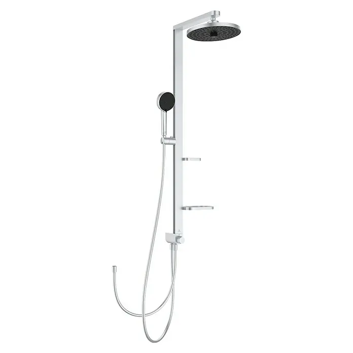 Ideal Standard Alu+ Duschsystem BD585 - Lochabstand: 600 mm, Form Kopfbrause: Rund, Silber - Weißes Duschsystem mit rundem Kopfbrause und Handbrause, beide mit dunklen Sprühplatten, und flexiblem Schlauch.