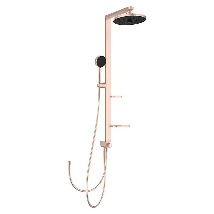 Ideal Standard Alu+ Duschsystem BD585 - Lochabstand: 600 mm, Form Kopfbrause: Rund, Rosé - Roségoldenes Duschsystem mit großer Regenbrause, Handbrause, vertikaler Stange, Bedienelementen und zwei kleinen Ablagen.