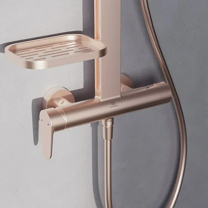 Ideal Standard Alu+ Duschsystem Ceraflow BE204RO - Lochabstand: 60 cm, Anzahl Strahlarten: 2 Stk., Rose, Form Kopfbrause: Eckig - Roségoldene Duscharmatur mit integrierter Ablage und Schlauch.