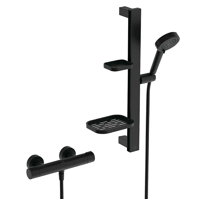 Ideal Standard Alu+ Brausegarnitur Ceratherm - Lochabstand: 40 cm - 50 cm, Art Strahl: SilkRain, Rain, Schwarz - Mattschwarzes Duschsystem mit Duschstange, zwei Ablagen, Handbrause und Thermostatmischer.