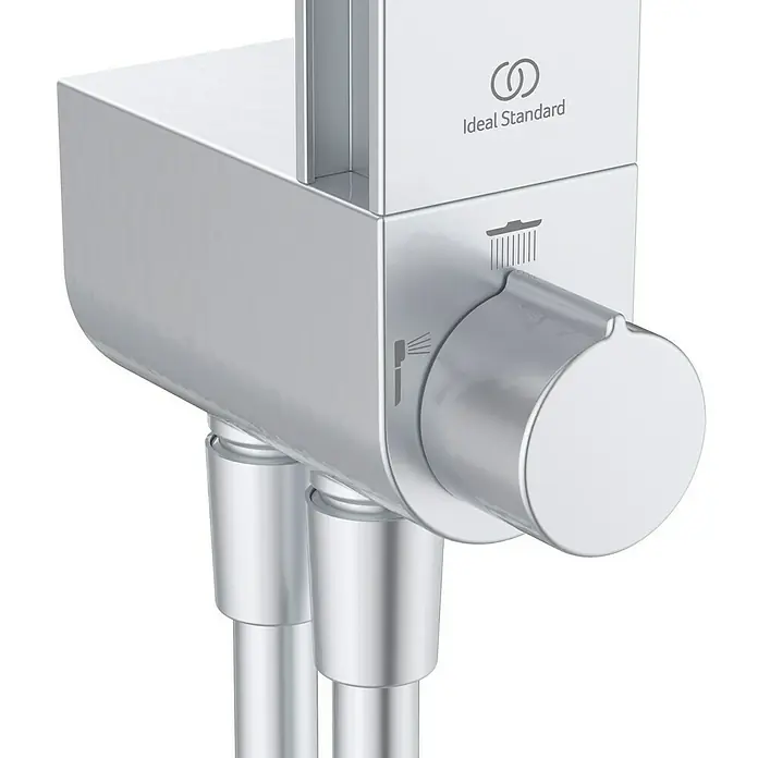 Ideal Standard Alu+ Duschsystem BD585 - Lochabstand: 600 mm, Form Kopfbrause: Rund, Silber - Verchromter Ideal Standard Duschthermostat mit Bedienelementen für Kopf- und Handbrause.