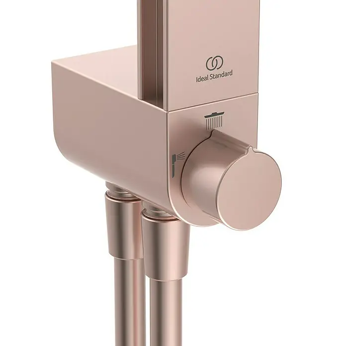 Ideal Standard Alu+ Duschsystem Ceratwist BE213 - Lochabstand: 60 cm, Form Kopfbrause: Eckig, Rosé - Roségoldener Ideal Standard Duschmischer mit Umstellknopf.