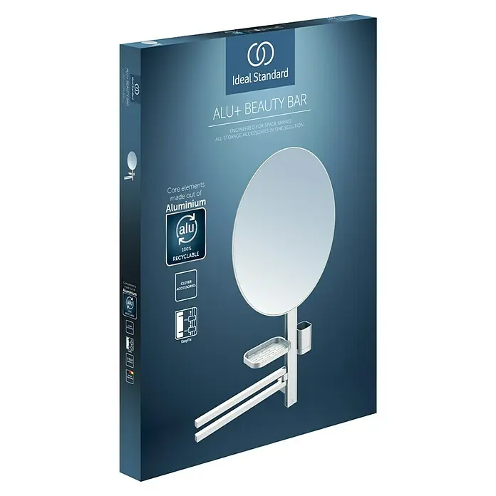 Ideal Standard Alu+ Ablagespiegel - B x H: 640 x 817 mm, Silber - Verpackung der Ideal Standard ALU+ Beauty Bar, einem Aluminium-Badorganizer mit Spiegel, Ablagen und Handtuchstangen für platzsparende Aufbewahrung.