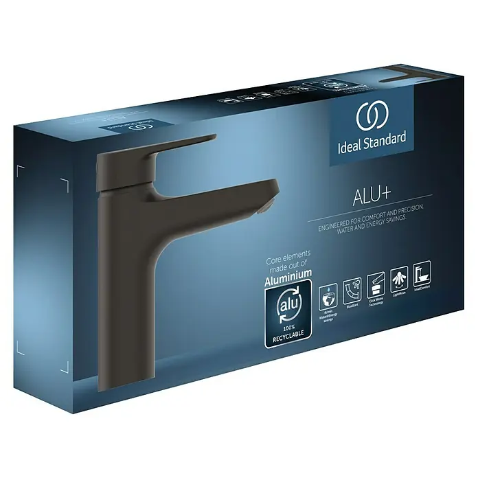 Ideal Standard Alu+ Waschtischarmatur - Höhe: 160 cm, Schwarz - Ideal Standard ALU+ Wasserhahn-Verpackung, zeigt einen mattschwarzen Wasserhahn auf blauem Hintergrund mit Aluminium-Kern und Recycelbarkeit.