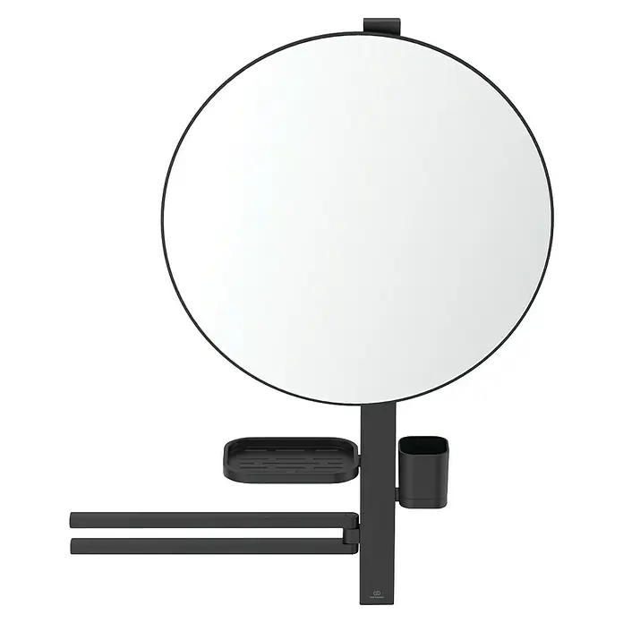 Ideal Standard Alu+ Ablagespiegel - B x H: 640 x 817 mm, Schwarz - Runder Spiegel mit schwarzem Rahmen und integrierten schwarzen Handtuchhaltern, Seifenschale und Becherhalter.