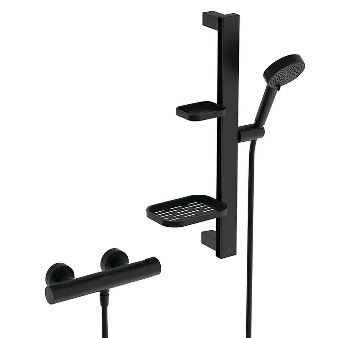 Ideal Standard Alu+ Brausegarnitur Ceratherm - Lochabstand: 40 cm - 50 cm, Art Strahl: SilkRain, Rain, Schwarz - Schwarzes Duschsystem mit Handbrause, Duschstange, zwei Seifenschalen und Thermostatmischer.