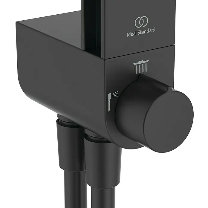 Ideal Standard Alu+ Duschsystem BD585 - Lochabstand: 600 mm, Form Kopfbrause: Rund, Schwarz - Mattschwarze Duscharmatur mit Wählknopf für zwei Duschabgänge.