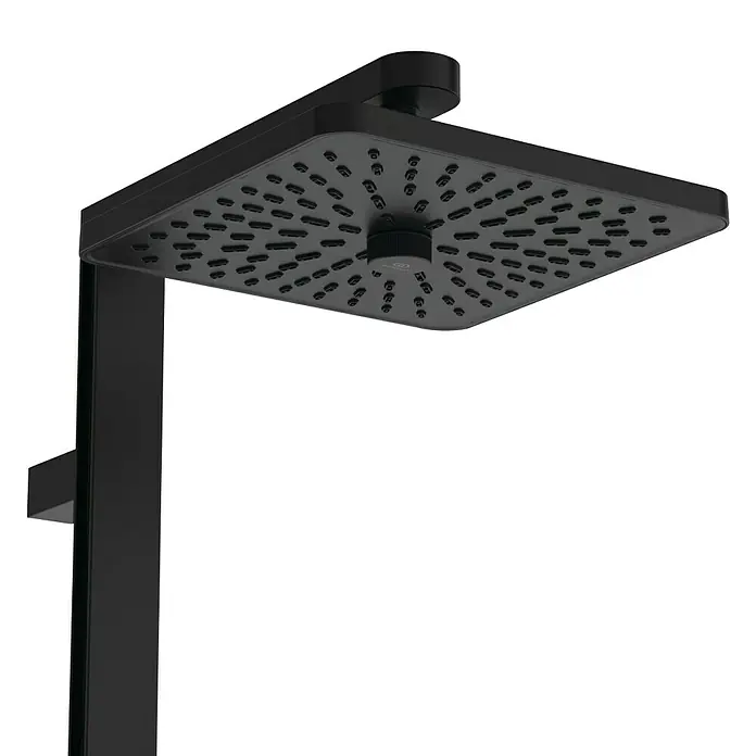 Ideal Standard Alu+ Duschsystem Ceraflow BE204XG - Lochabstand: 60 cm, Anzahl Strahlarten: 2 Stk., Schwarz, Form Kopfbrause: Eckig - Quadratischer Duschkopf in Mattschwarz mit mehreren Düsen, an einer vertikalen Halterung befestigt.