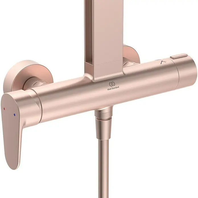 Ideal Standard Alu+ Duschsystem Ceraflow BE204RO - Lochabstand: 60 cm, Anzahl Strahlarten: 2 Stk., Rose, Form Kopfbrause: Eckig - Roségoldener Thermostat-Duschmischer mit integriertem Duschstangenanschluss und linkem Hebelgriff.