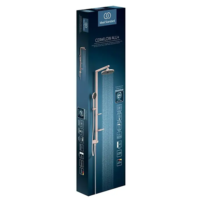 Ideal Standard Alu+ Duschsystem BD585 - Lochabstand: 600 mm, Form Kopfbrause: Rund, Rosé - Dunkelblauer Ideal Standard Ceraflow Alu+ Duschsystem-Karton, zeigt eine rosé-goldene Aluminiumdusche mit Wasserstrahlen.