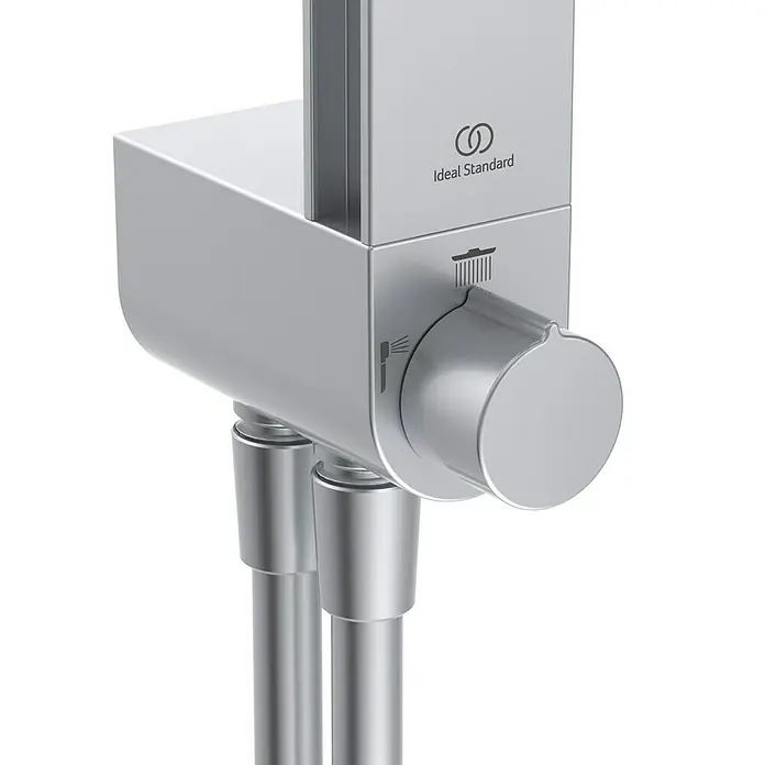 Ideal Standard Alu+ Duschsystem Ceratwist BE213 - Lochabstand: 60 cm, Form Kopfbrause: Eckig, Silber - Silberfarbener Ideal Standard Duschmischer mit Umstellknopf für Kopf- und Handbrause.