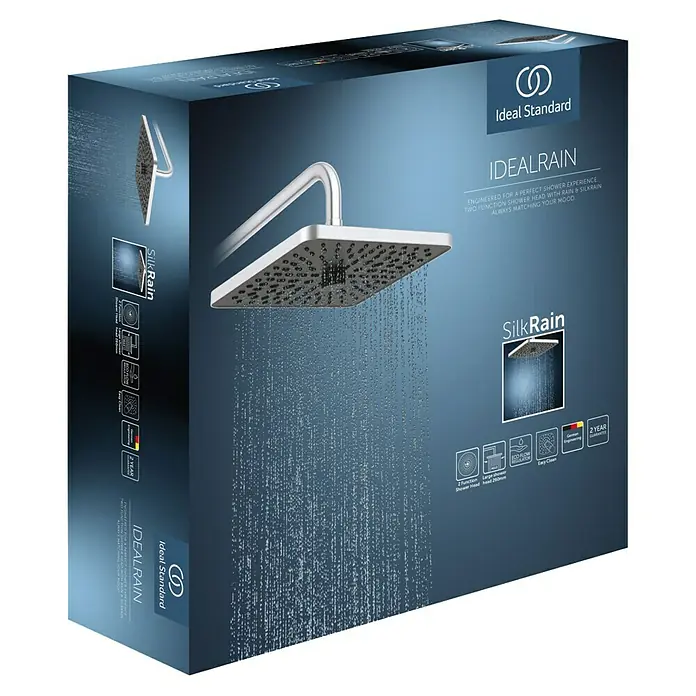 Ideal Standard Alu+ Kopfbrause Idealrain - B x L: 260 x 260 mm, 12 l/min, Silber - Verpackung der Ideal Standard IDEALRAIN Brause. Ein silberner Duschkopf sprüht Wasser, mit hervorgehobenen Funktionen wie SilkRain und Eco Flow.