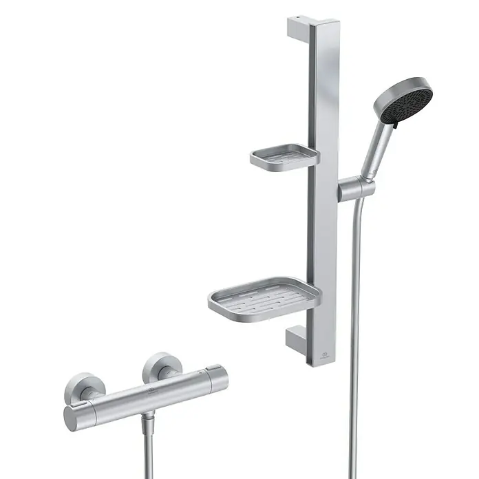 Ideal Standard Alu+ Brausegarnitur Ceratherm - Lochabstand: 40 cm - 50 cm, Art Strahl: SilkRain, Rain, Silber - Silberfarbenes Duschsystem mit Handbrause, Stange und Thermostatmischer.