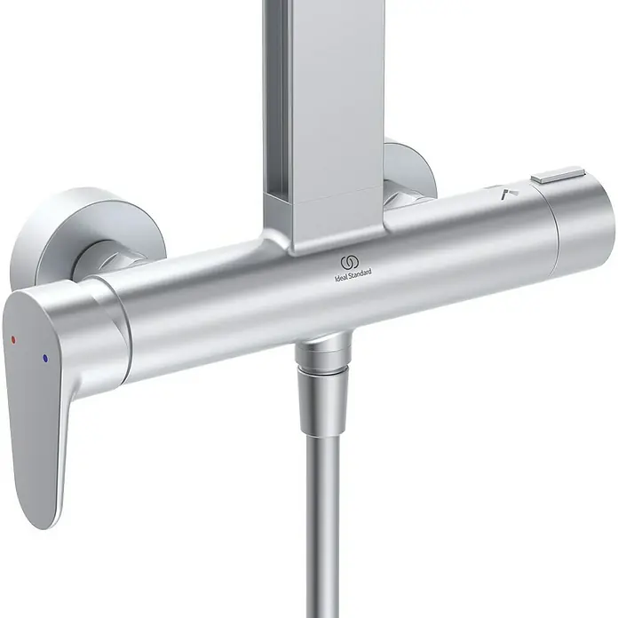 Ideal Standard Alu+ Duschsystem Ceraflow BE204SI - Lochabstand: 60 cm, Anzahl Strahlarten: 2 Stk., Silber, Form Kopfbrause: Eckig - Silberner Thermostat-Duschmischer mit Einhebelgriff, Temperaturregler und integrierter Duschstangenhalterung.