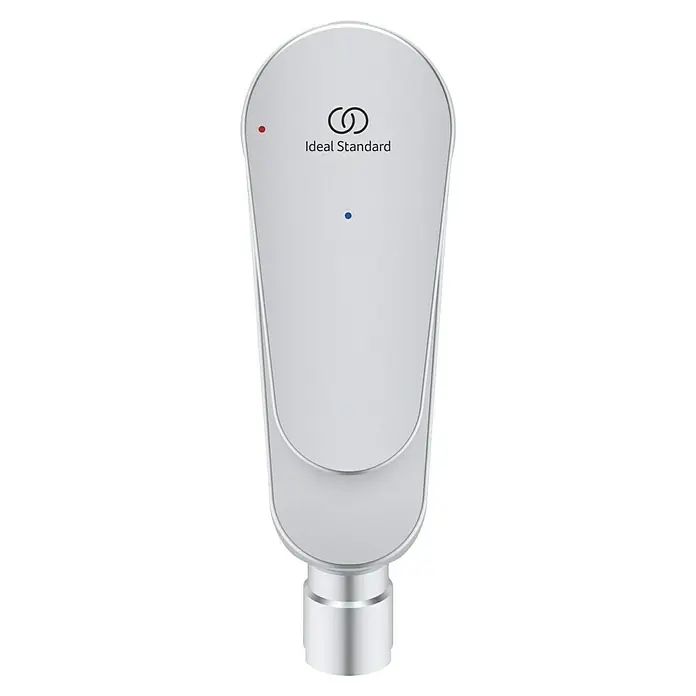 Ideal Standard Alu+ Bidetarmatur - Höhe: 140 mm, Silber - Weißes Ideal Standard Sensor- oder Bedienfeld mit silbernem Sockel, inklusive Markenlogo und kleinen roten und blauen Anzeigelampen.